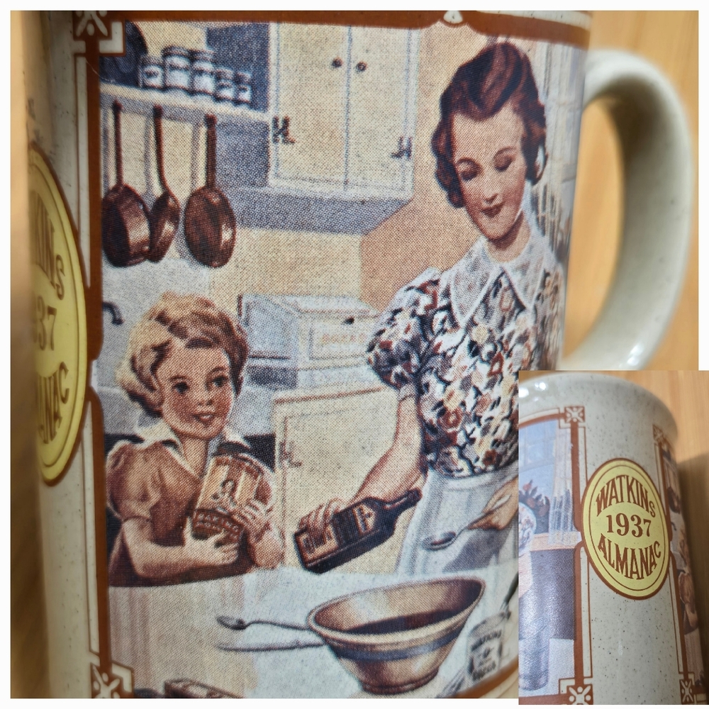 Vintage Watkins Almanac Stoneware Mug 1937 Calendar Art